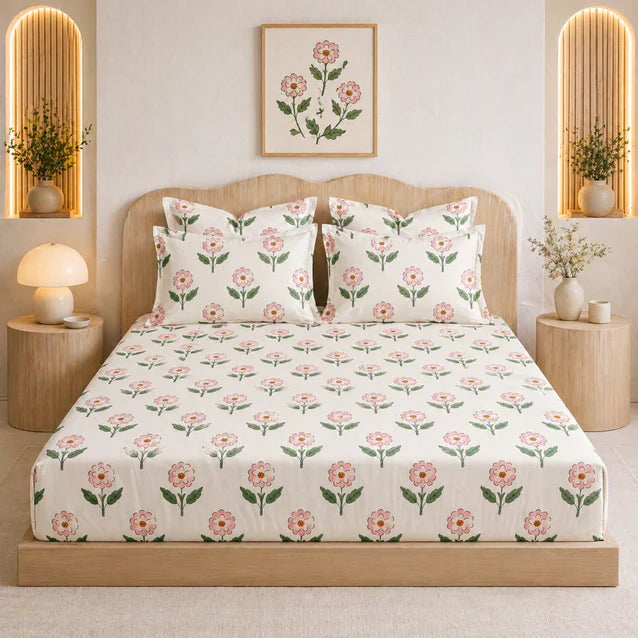 Rosette Meadow Floral King Size Bedsheet Set (1 Bedsheet, 2 Pillow Covers)