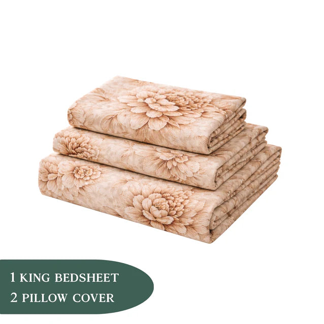 Mocha Bloom King Size Bedsheet Set (1 Bedsheet, 2 Pillow Covers)