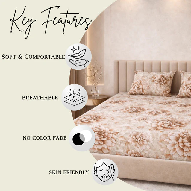 Mocha Bloom King Size Bedsheet Set (1 Bedsheet, 2 Pillow Covers)