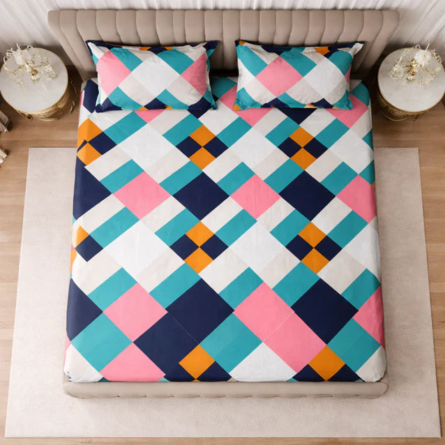 Modern Mosaic King Size Bedsheet Set (1 Bedsheet, 2 Pillow Covers)