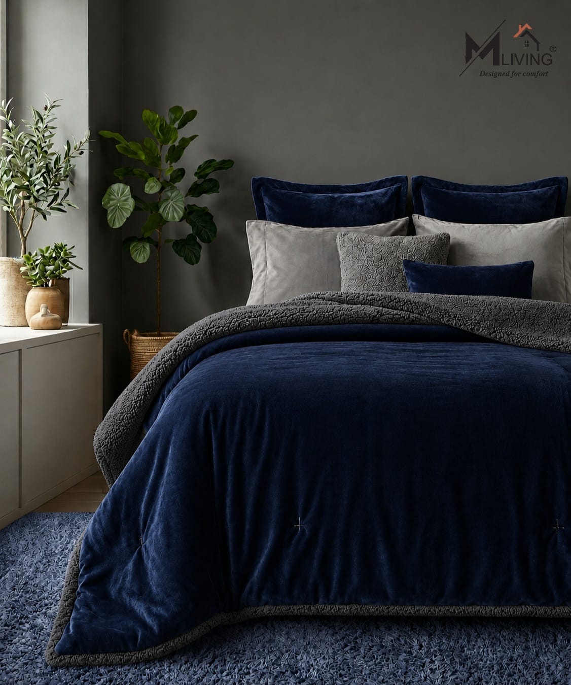 Sherpa Milano King Size Reversible 2 in 1 Blanket -Navy blue