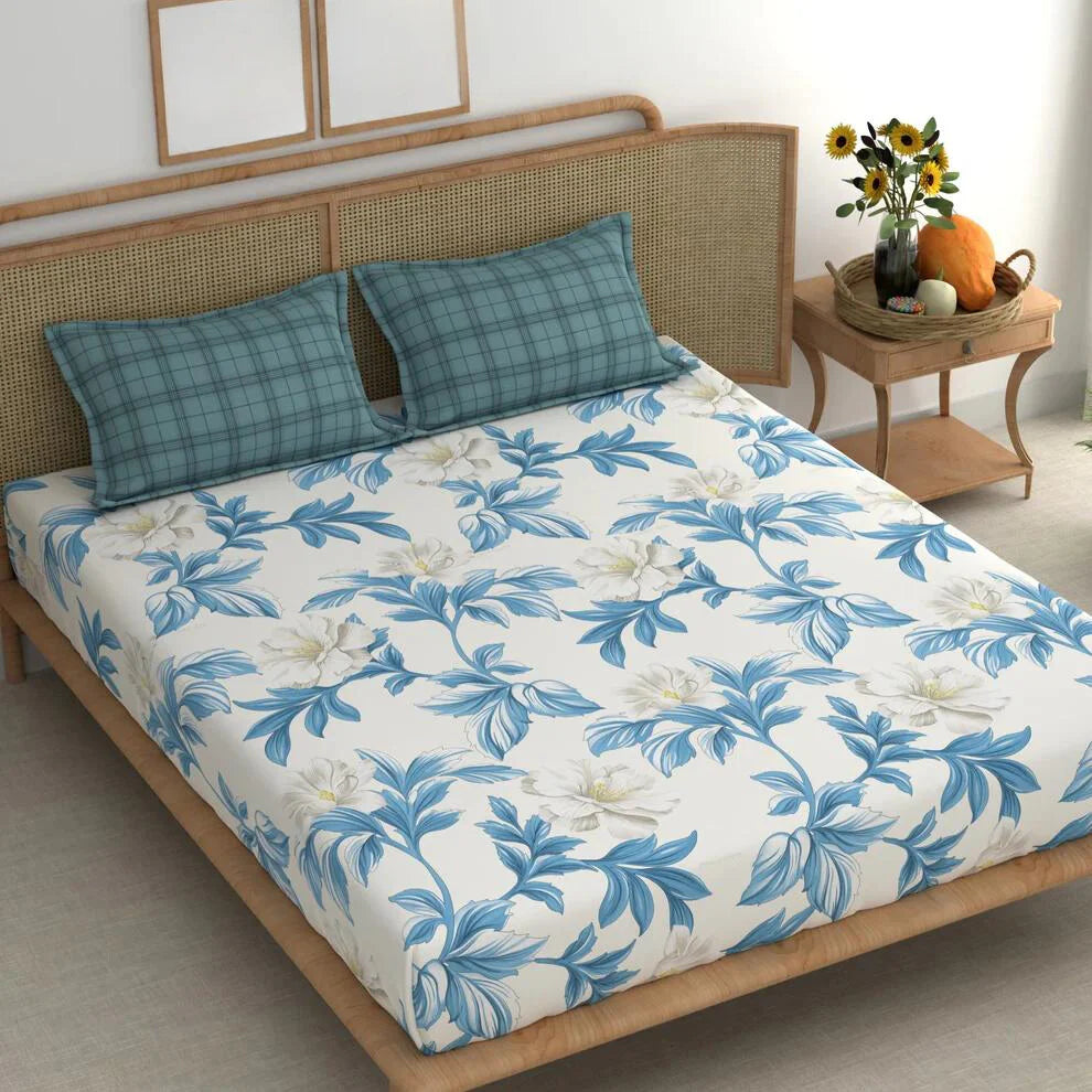 Aqua Leaves Cotton Blend Elastic Fitted King Bedsheet