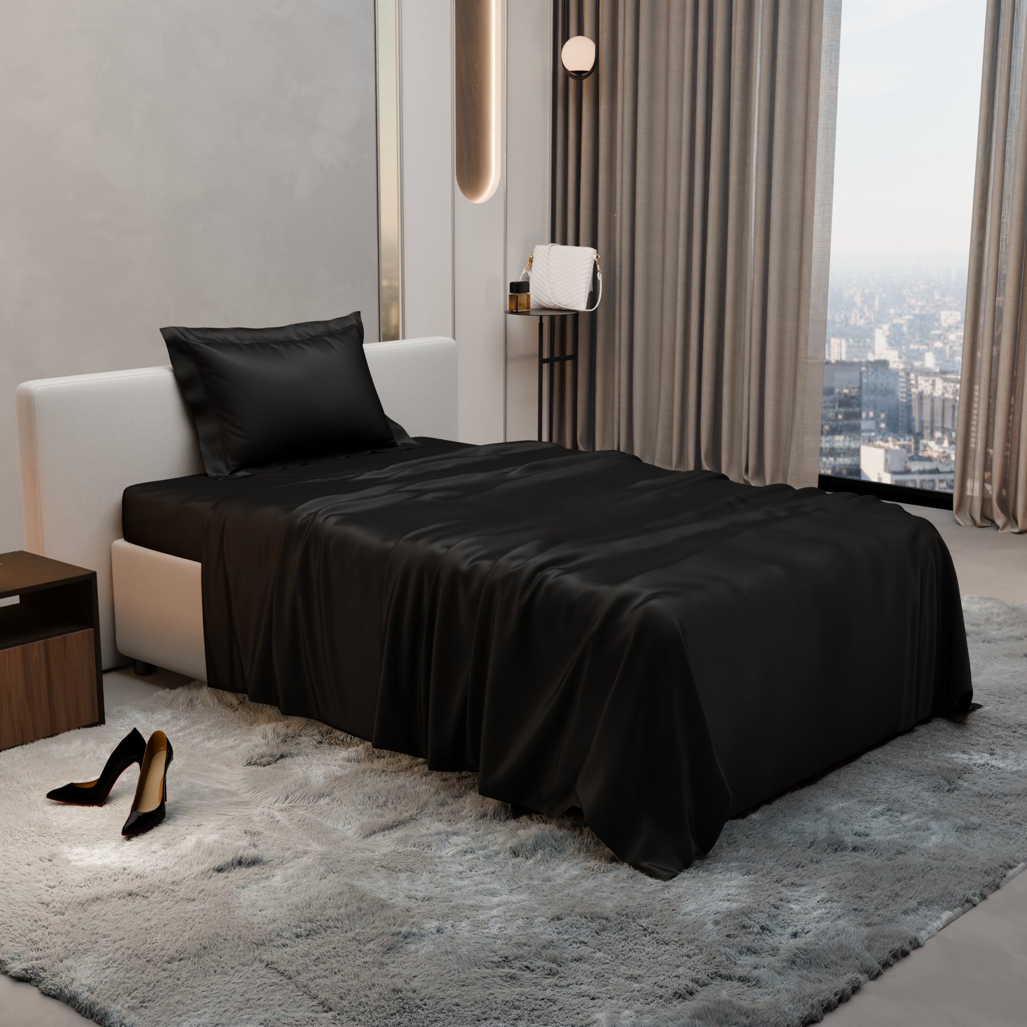 Midnight Black Flat Bedsheet Set