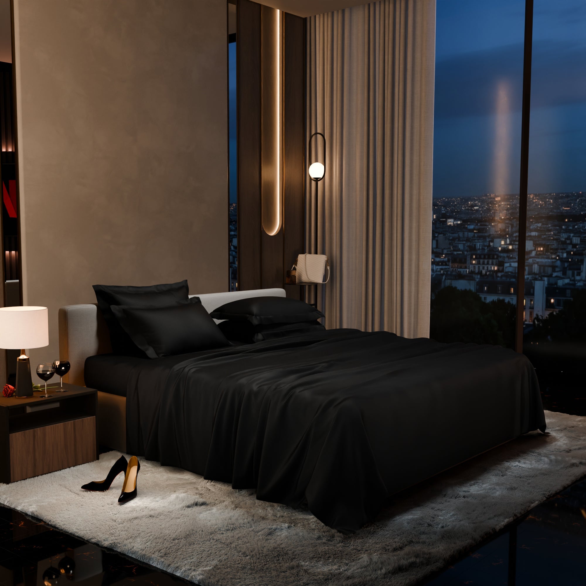 Midnight Black Flat Bedsheet Set