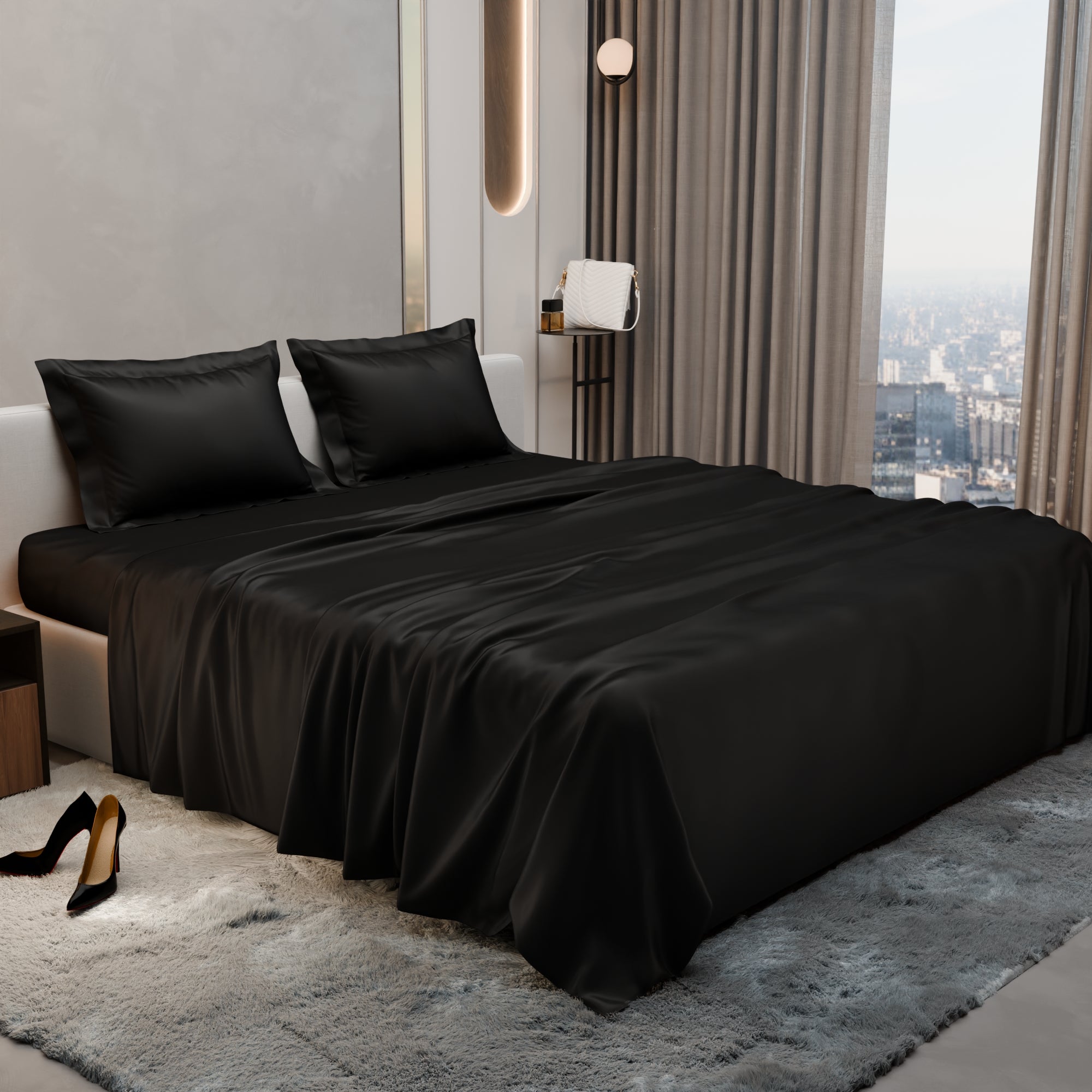 Midnight Black Flat Bedsheet Set
