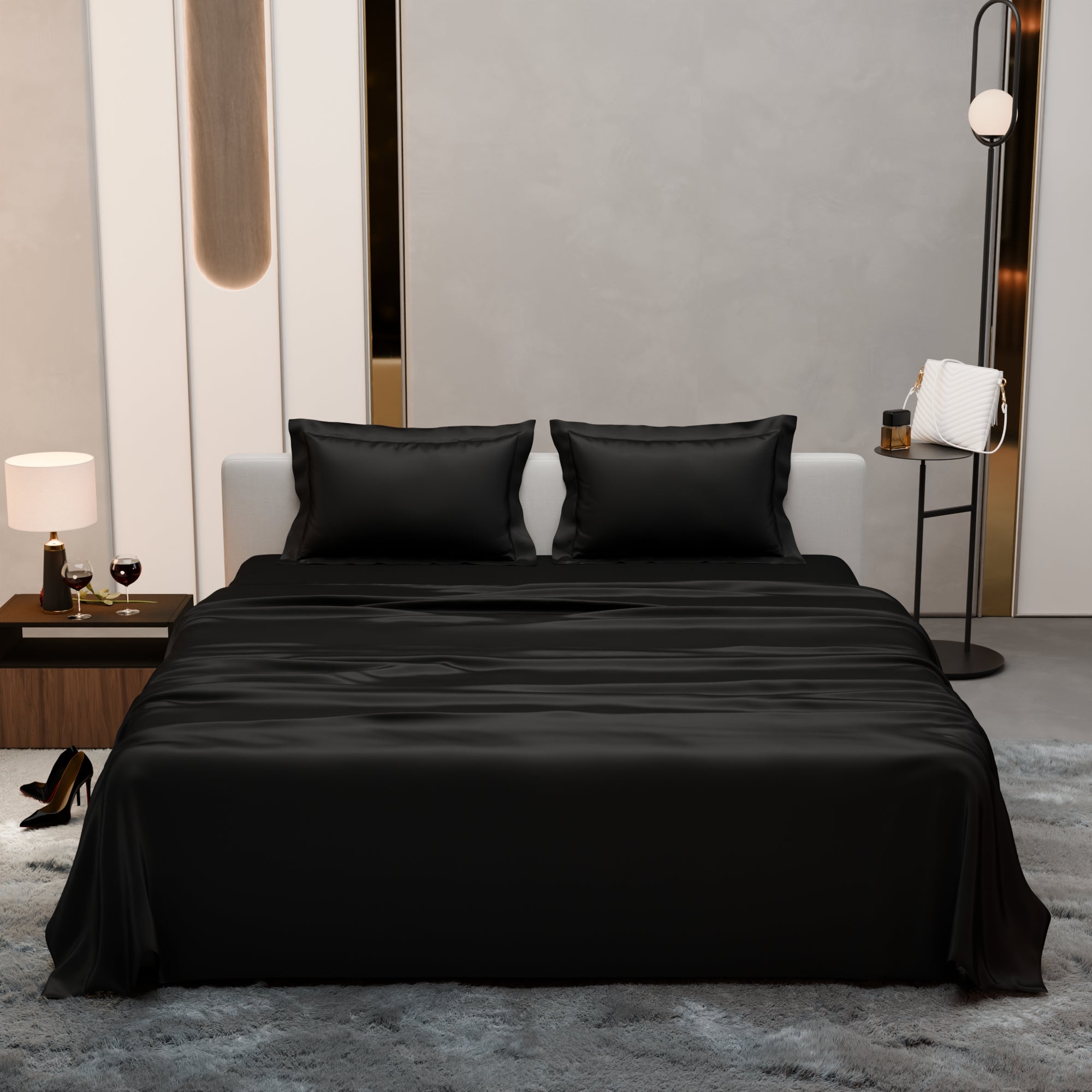 Midnight Black Flat Bedsheet Set