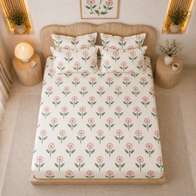 Rosette Meadow Floral King Size Bedsheet Set (1 Bedsheet, 2 Pillow Covers)