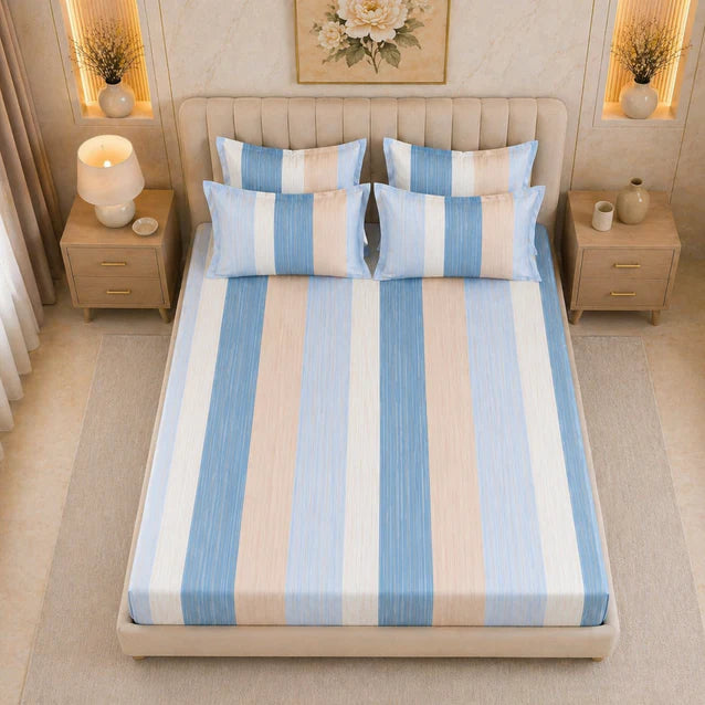 Breeze Stripe King Size Bedsheet Set (1 Bedsheet, 2 Pillow Covers)