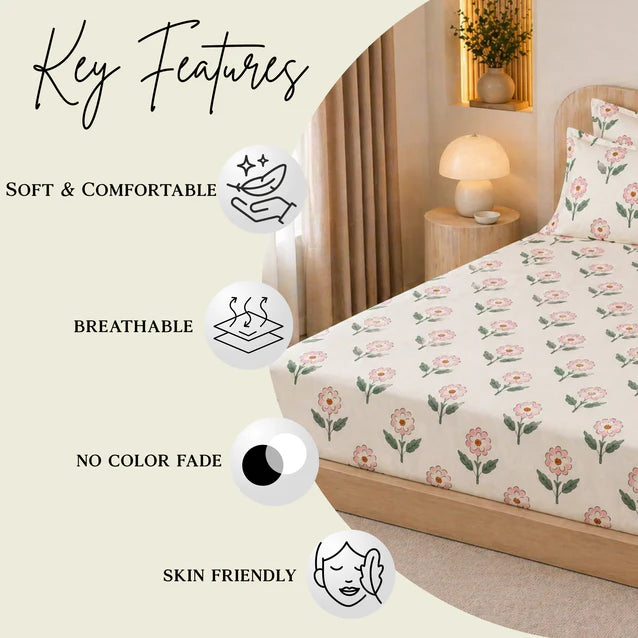 Rosette Meadow Floral King Size Bedsheet Set (1 Bedsheet, 2 Pillow Covers)