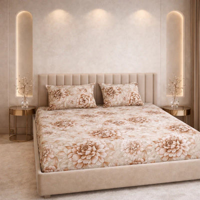Mocha Bloom King Size Bedsheet Set (1 Bedsheet, 2 Pillow Covers)