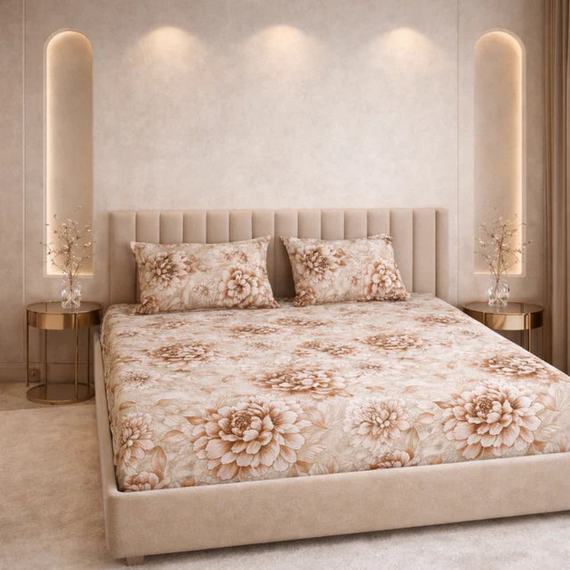 Mocha Bloom King Size Bedsheet Set (1 Bedsheet, 2 Pillow Covers)