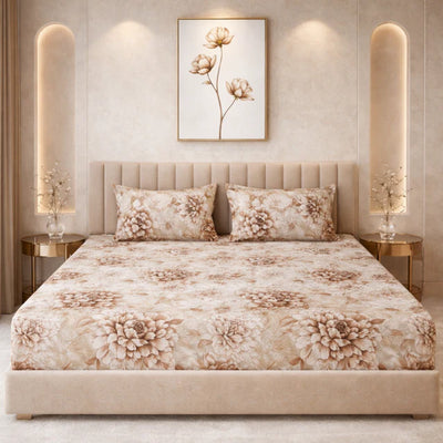 Mocha Bloom King Size Bedsheet Set (1 Bedsheet, 2 Pillow Covers)