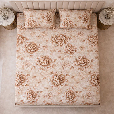 Mocha Bloom King Size Bedsheet Set (1 Bedsheet, 2 Pillow Covers)