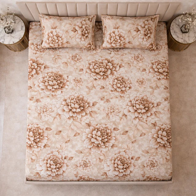 Mocha Bloom King Size Bedsheet Set (1 Bedsheet, 2 Pillow Covers)
