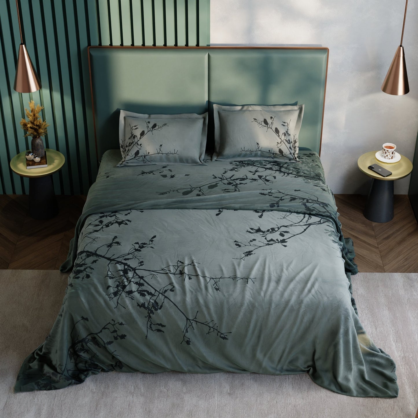 Teal Perch 100% Cotton Bedsheet Set