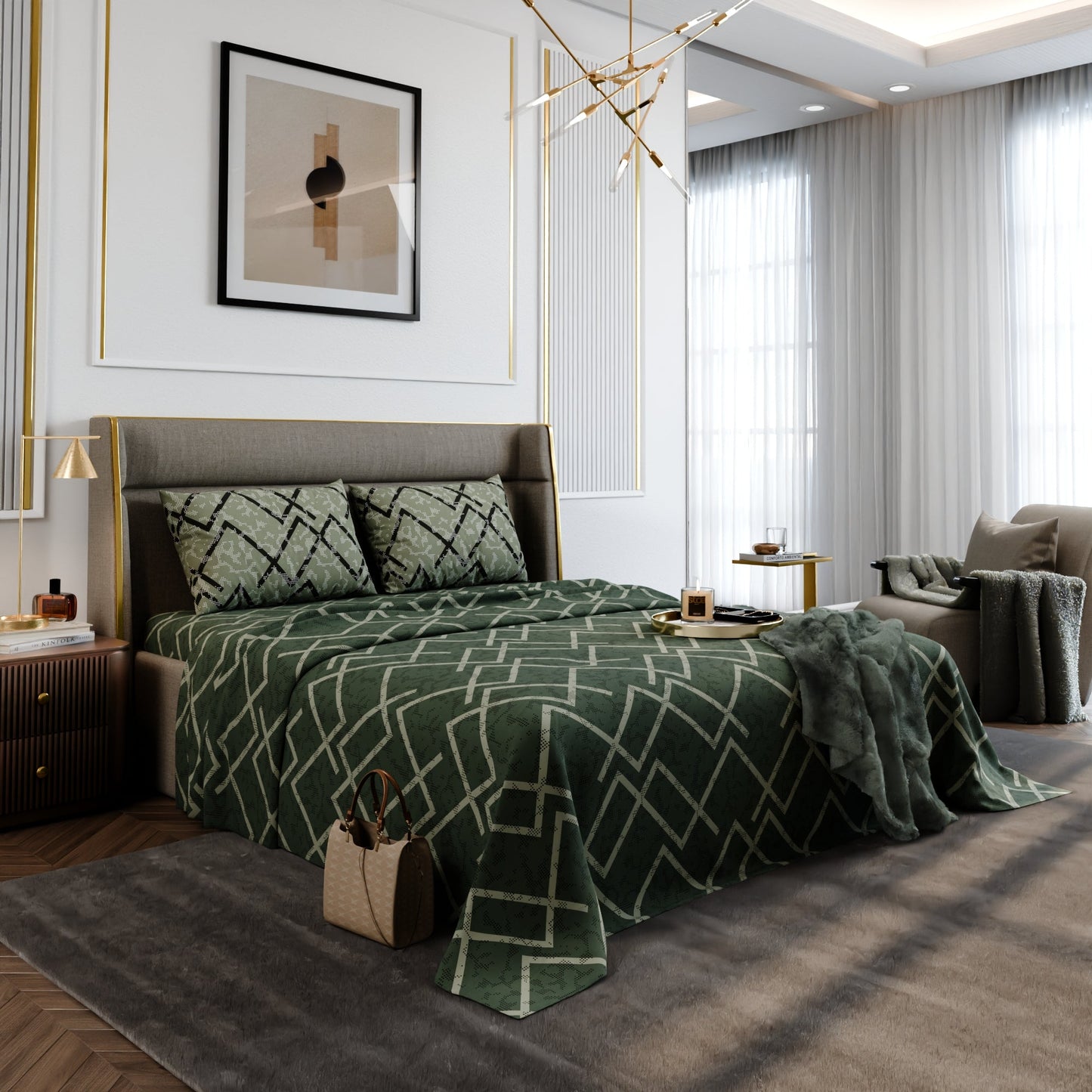 Olive Mesh  Cotton Bedsheet Set