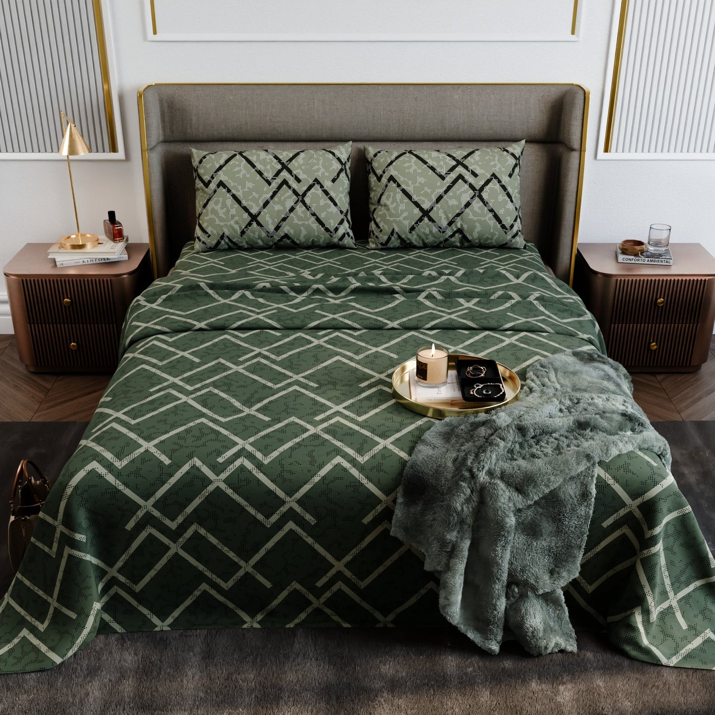 Olive Mesh  Cotton Bedsheet Set